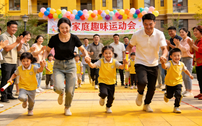 社区组织的家庭趣味运动会现场，多个家庭参与亲子接力赛，气氛欢乐融洽