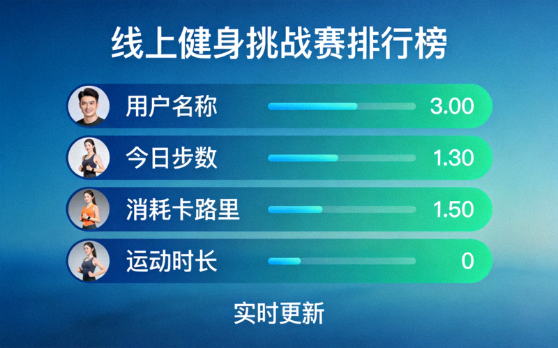 线上健身挑战赛界面截图，显示用户运动数据排行榜
