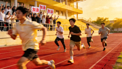校园运动会上，学生们在跑道上奋力冲刺，看台上同学加油助威