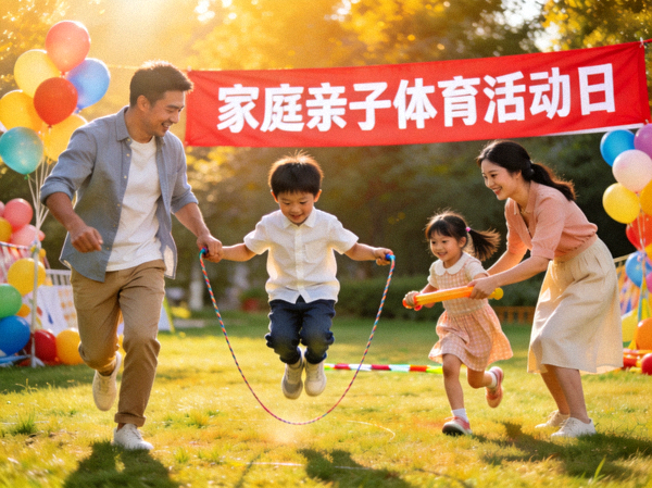家庭亲子体育活动日，父母与孩子一起参与趣味运动游戏
