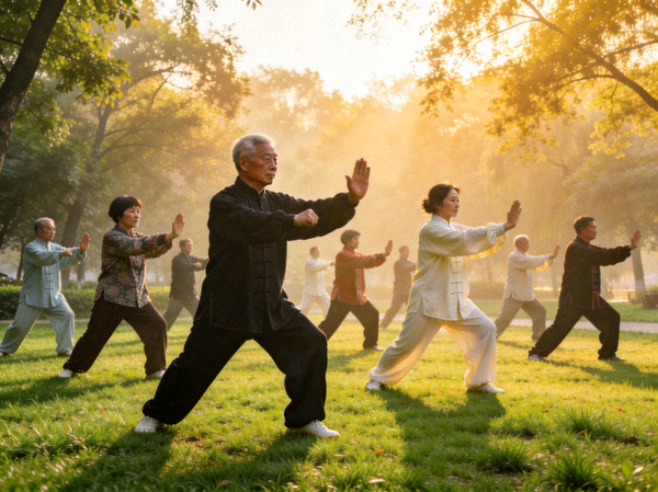 清晨公园里，不同年龄段的市民集体练习太极拳，动作整齐划一