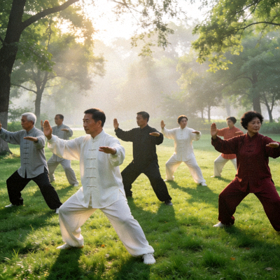 清晨公园里市民集体练习太极拳，动作整齐划一