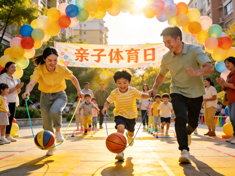 周末社区亲子体育日活动现场，家庭参与趣味运动比赛，欢声笑语