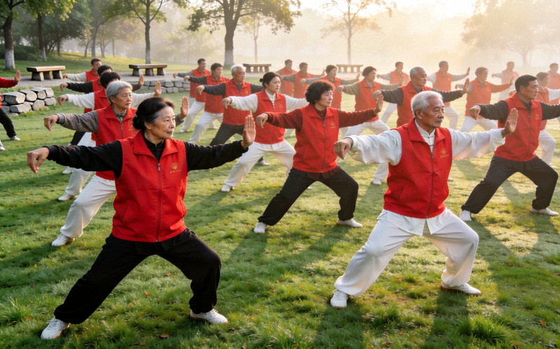 清晨公园里众多中老年人在社会体育指导员带领下整齐划一地练习太极拳