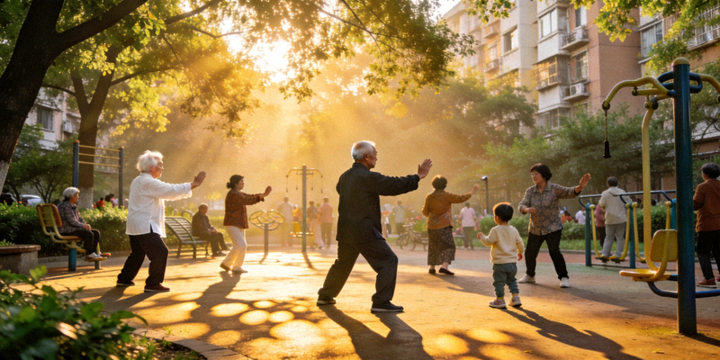 清晨公园社区健身角，不同年龄段的居民正在进行太极拳、健身操等多样化锻炼的热闹场景