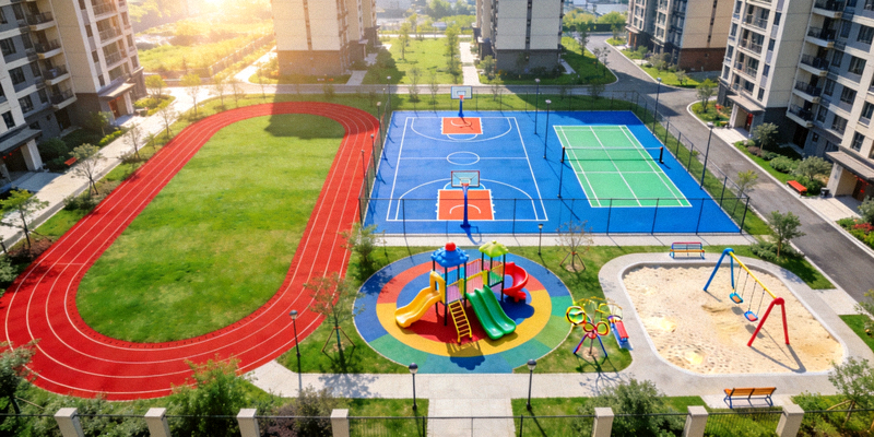 全新升级的社区体育公园全景，包含塑胶跑道、多功能球场和儿童游乐区