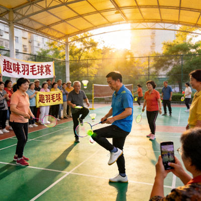 社区举办的趣味羽毛球比赛，居民们踊跃参与，气氛热烈