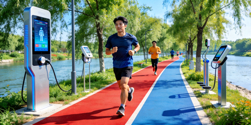 升级后的滨河智能健身步道，市民在风景优美的步道上健走