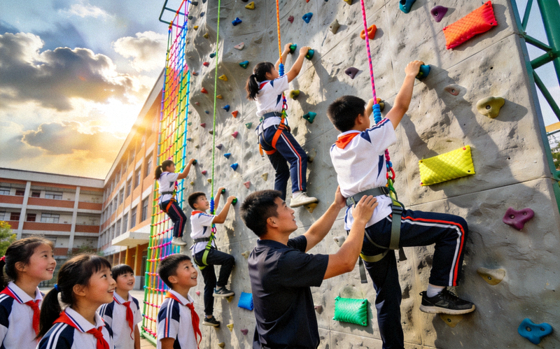 小学生在学校新建的攀岩墙上进行体育课拓展训练，充满挑战与乐趣
