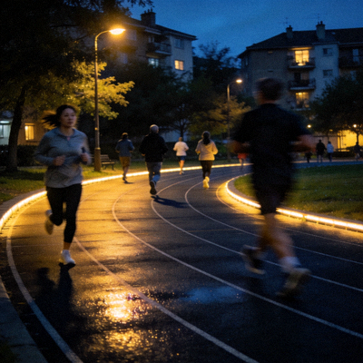 夜色中明亮的社区塑胶跑道，居民在灯光下夜跑锻炼