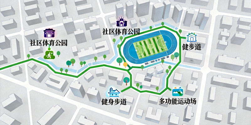 城市规划图中标注的社区体育公园、健身步道和多功能运动场分布示意图