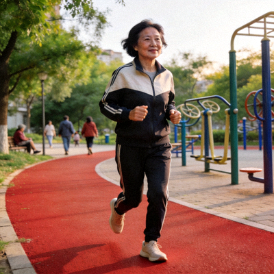 家庭主妇在社区健身步道上快走，享受个人健康时光