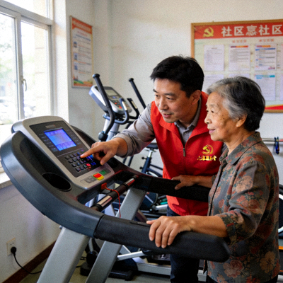 社区居民在志愿者指导下学习使用室内健身房的跑步机