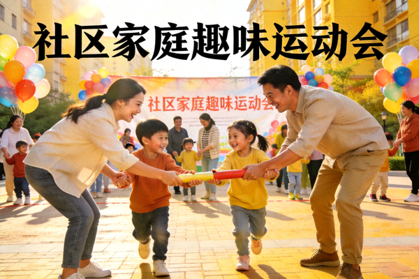 社区组织的家庭趣味运动会，父母与孩子共同参与接力比赛的欢乐瞬间