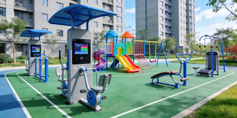 现代化社区多功能健身广场，配备智能健身器材、儿童游乐区和老年人康复设施的全景照片