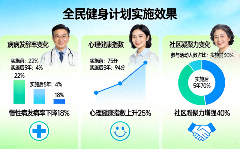 信息图展示全民健身计划实施后，城市居民慢性病发病率下降、心理健康指数上升、社区凝聚力增强等积极变化