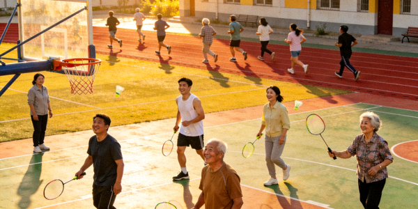 周末学校操场向社会开放，市民在学校跑道上跑步、在球场上打球的和谐场景