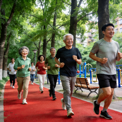 绿树成荫的社区健康步道上，居民们正在进行健步走锻炼