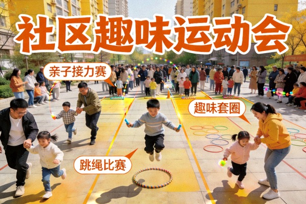 热闹的社区运动会现场，家庭组队参与趣味运动项目
