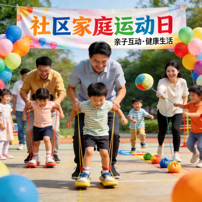 社区家庭运动日活动现场，父母与孩子共同参与趣味运动项目