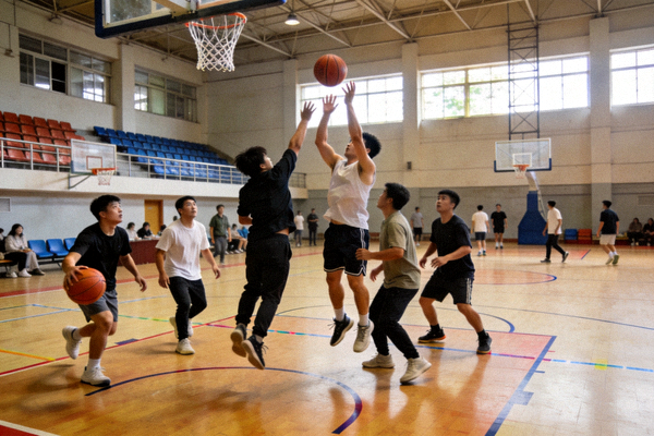学校体育场馆在周末向公众开放，市民正在篮球场内打球