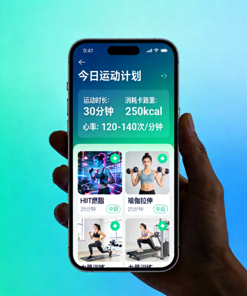 智能手机屏幕上显示着流行的健身应用程序界面，展示运动数据与课程