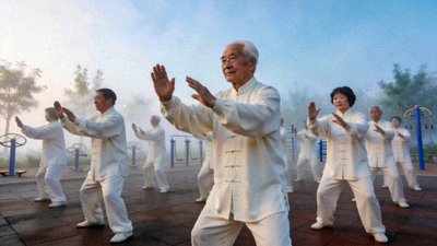 清晨社区广场上，老年居民整齐划一地练习太极拳