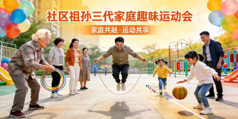 社区举办的祖孙三代家庭运动会现场，不同年龄段的家庭成员共同参与趣味运动项目