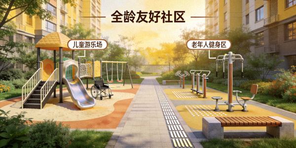 无障碍设计的社区儿童游乐场和老年人健身区，体现全龄友好理念