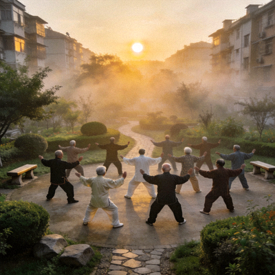 清晨社区花园中，数十位老人整齐划一地练习太极拳，神态安详