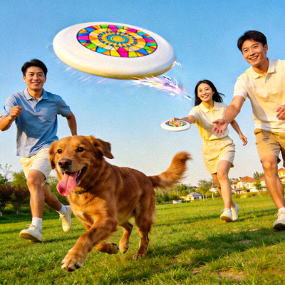社区居民在草坪上玩飞盘，狗狗也跟着一起奔跑，气氛欢乐融洽
