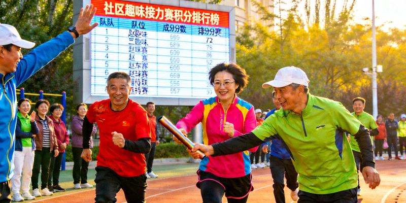 社区体育赛事现场，居民们在进行趣味接力赛，背景有积分排行榜电子屏