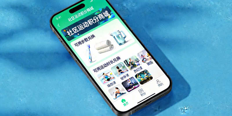手机屏幕显示社区运动积分商城，可用步数或运动时长兑换生活用品和课程