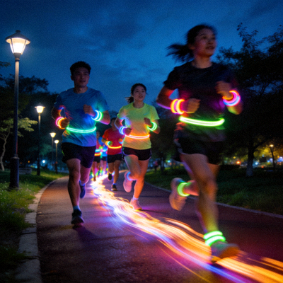 夜晚社区跑团队伍佩戴荧光手环，在城市绿道中形成一道流动的光带
