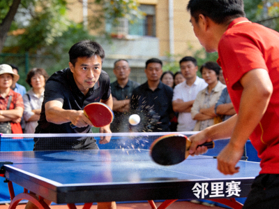 乒乓球邻里赛中，两位选手专注对攻，小球在台上来回飞舞