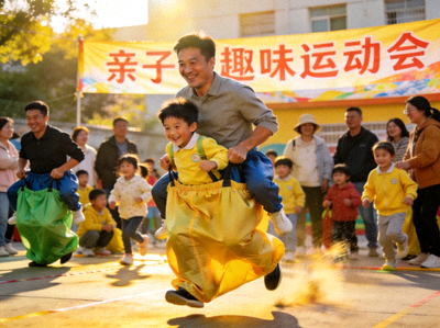 亲子运动会上，爸爸和孩子一起参加袋鼠跳比赛，配合默契，欢乐十足