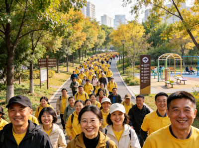 全民健步走队伍浩浩荡荡穿过城市公园绿道，参与者笑容满面