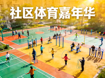 社区体育嘉年华全景，多个运动区域同时进行，居民踊跃参与各项活动
