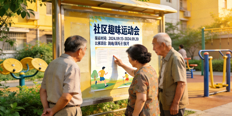 社区运动会宣传海报张贴在社区公告栏，居民驻足观看报名信息