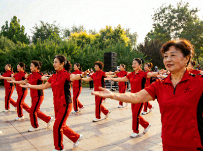广场舞展演中，身着统一服装的阿姨们动作整齐划一，充满活力