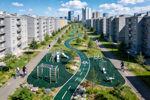 城市绿道与健身设施融合的航拍图，展现健康城市风貌