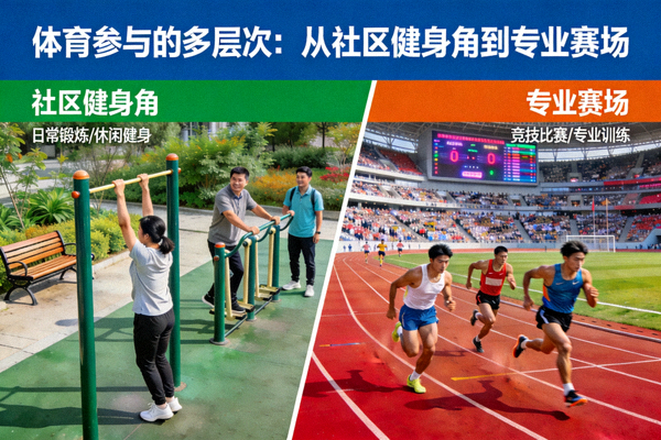 从社区健身角到专业赛场的对比图，展现体育参与的多层次