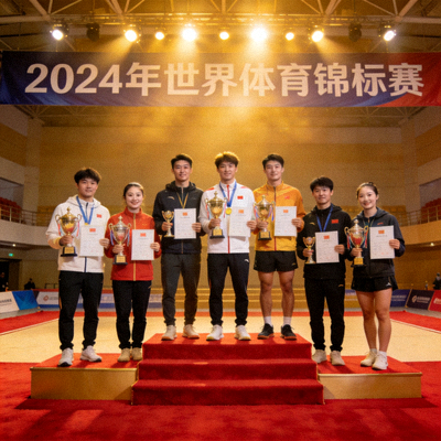 获奖运动员们手持奖杯和证书，在领奖台上合影，脸上洋溢着自豪与喜悦