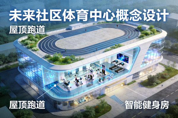 设计图展示未来社区体育中心概念，包含屋顶跑道和智能健身房