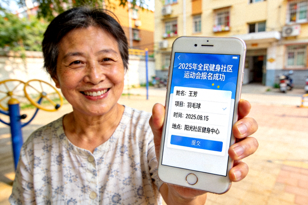 社区居民在线上报名参加2025年全民健身社区运动会，手机屏幕显示报名成功界面