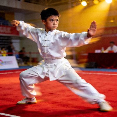 武术套路比赛，一位少年展示长拳，动作舒展大方，眼神凌厉