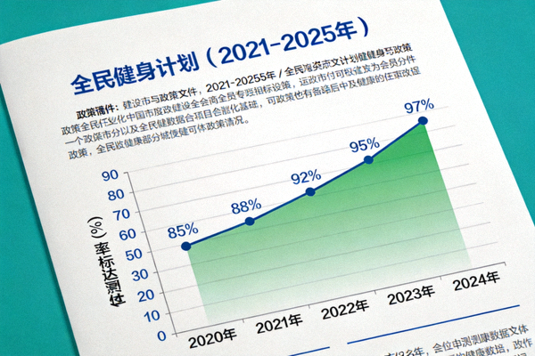 政策文件与健康数据图表叠加，显示全民健身计划提升体测达标率
