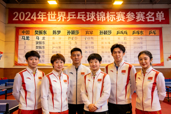 中国乒乓球队队员在训练馆内合影，背景显示世锦赛参赛名单公布
