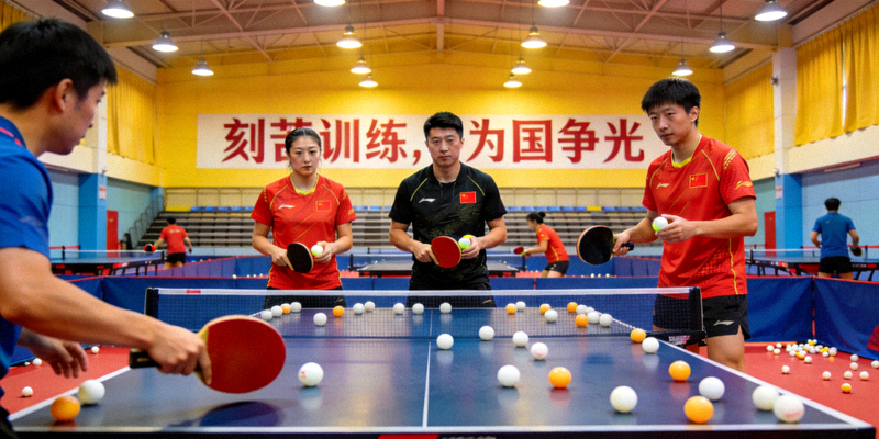 中国乒乓球队在训练基地备战世锦赛，多名队员同时进行多球训练