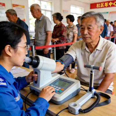 工作人员使用专业设备为居民进行免费体质检测，包括肺活量和柔韧性测试